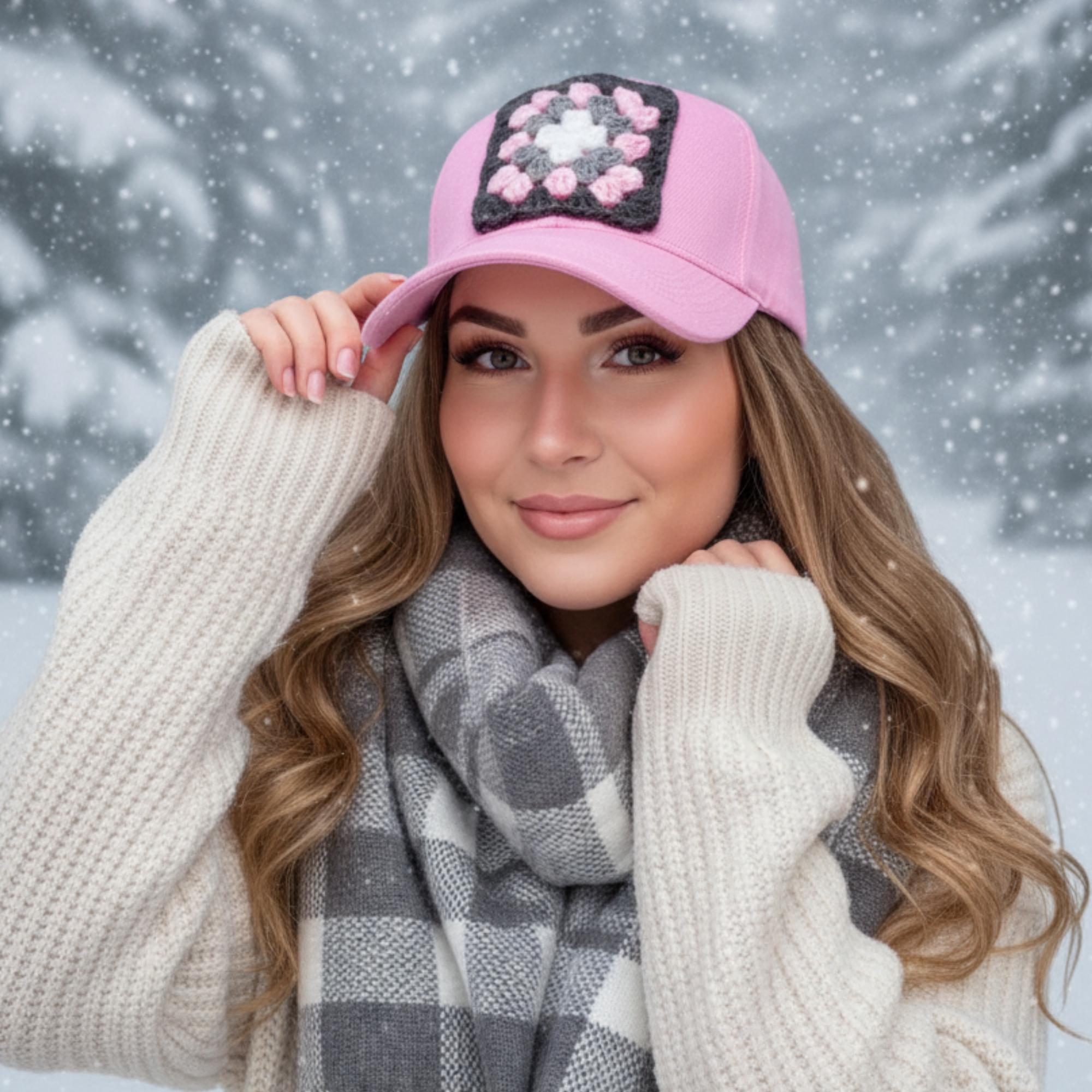 Trucker Hat With Crochet Granny Square Patch, Cute Baseball 
