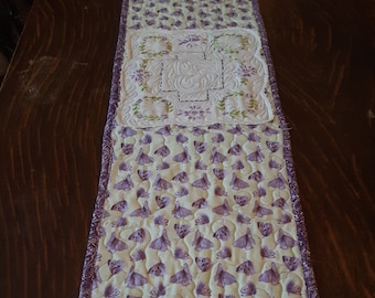 Lavender Butterfly Table Runner with Vintage Linen Doily Center