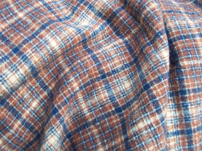 Blue and Tan Felted Wool Plaid Fabric Yardage in Brown