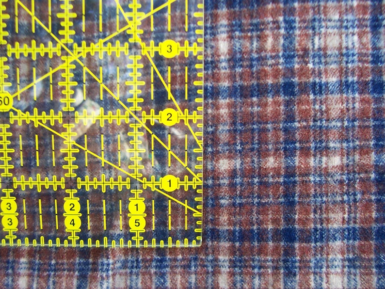 Blue and Tan Felted Wool Plaid Fabric Yardage in Brown