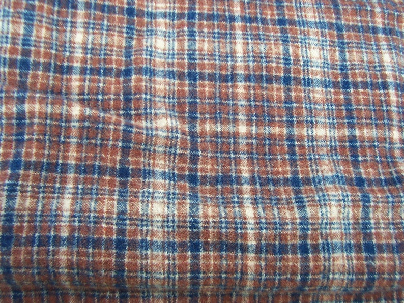 Blue and Tan Felted Wool Plaid Fabric Yardage in Brown