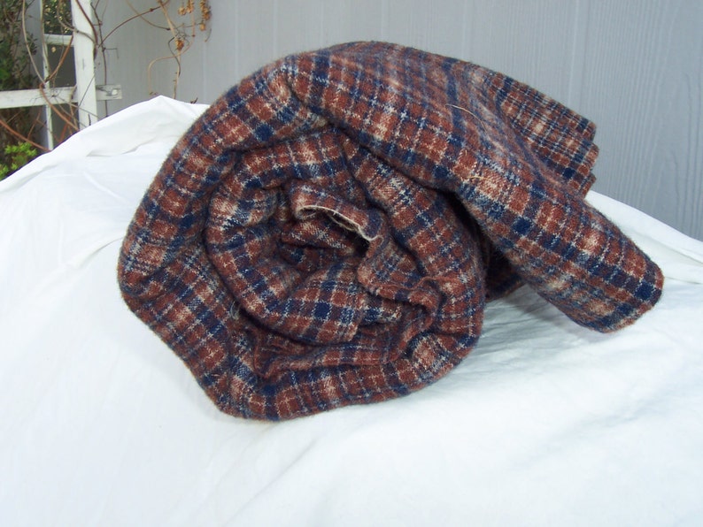 Blue and Tan Felted Wool Plaid Fabric Yardage in Brown