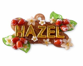 Aangepaste hondenpenning bloemenhars – gouden belettering huisdier-ID, hazelnootboomtak