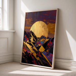 Golden Moon Fractured Mountain Peaks Poster | Surreal Geometric Landscape Wall Art | Adventure Seeker Gift | Boho Home Decor