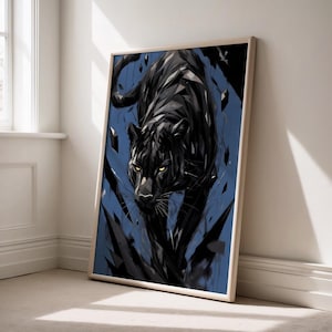 Stealthy Black Panther Poster | Dark Fantasy Wall Art | Fierce Wildlife Lover Gift | Shattered Geometric Void Print | Handmade Matte Paper