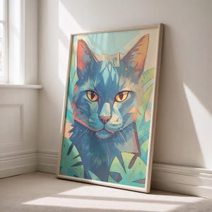 Mystical Blue Cat Portrait Poster | Vibrant Geometric Tropical Jungle Wall Art | Unique Cat Lover Gift | Matte Finish