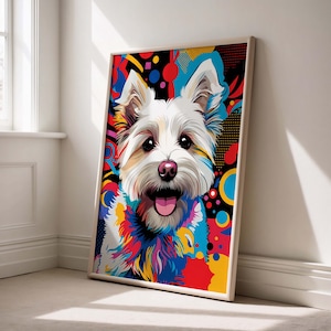 Colorful Westie Dog Pop Art Poster, Vibrant West Highland Terrier Print, Handmade Pet Wall Art, Dog Lover Gift, Unique Home Decor