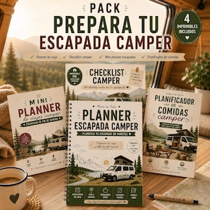 Può includere: Un set di quattro pianificatori di viaggio per camper stampabili, inclusi un pianificatore principale, un mini pianificatore, un pianificatore di pasti e una lista di controllo. Le copertine mostrano illustrazioni di camper in montagna.