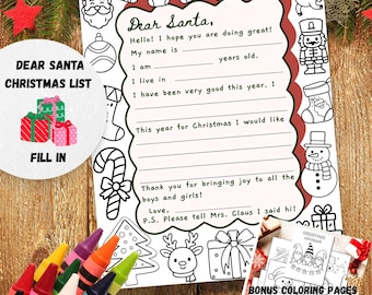 Letter to Santa - Printable digital file - Fill in Christmas Coloring