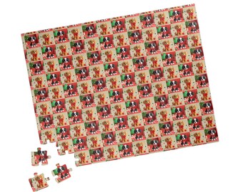 May include: A rectangular jigsaw puzzle featuring a repeating pattern of cartoon puppies wearing red bows and sitting on a red and green background. Several puzzle pieces are separated from the main puzzle, showing the puzzle's design.