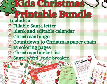 Santa letter kids Christmas bundle - Printable calendar coloring pages, paper chain, bingo and more