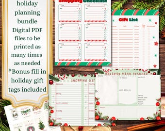 Christmas planner bundle - Christmas Menu planner, grocery lists, gifting lists and shopping list bonus printable gift tags