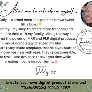 May include: Image with text: "Allow me to introduce myself..." and "Create your own digital product store and TRANSFORM YOUR LIFE." Includes a photo of a smiling woman and a circular logo that says "Template Resell".
