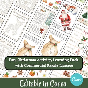 May include: A selection of Christmas activity sheets featuring festive illustrations of Santa, snowmen, and seasonal decorations. Includes coloring pages and word games. Text reads "Fun, Christmas Activity, Learning Pack".