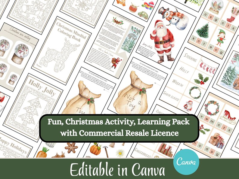 May include: A selection of Christmas activity sheets featuring festive illustrations of Santa, snowmen, and seasonal decorations. Includes coloring pages and word games. Text reads "Fun, Christmas Activity, Learning Pack".