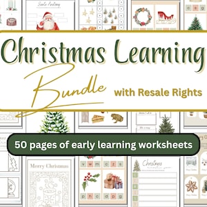 May include: A bundle of Christmas-themed early learning worksheets. The image shows various pages with illustrations of Santa, Christmas trees, and other festive elements. The title "Christmas Learning Bundle" is displayed, along with the text "50 pages of early learning worksheets."