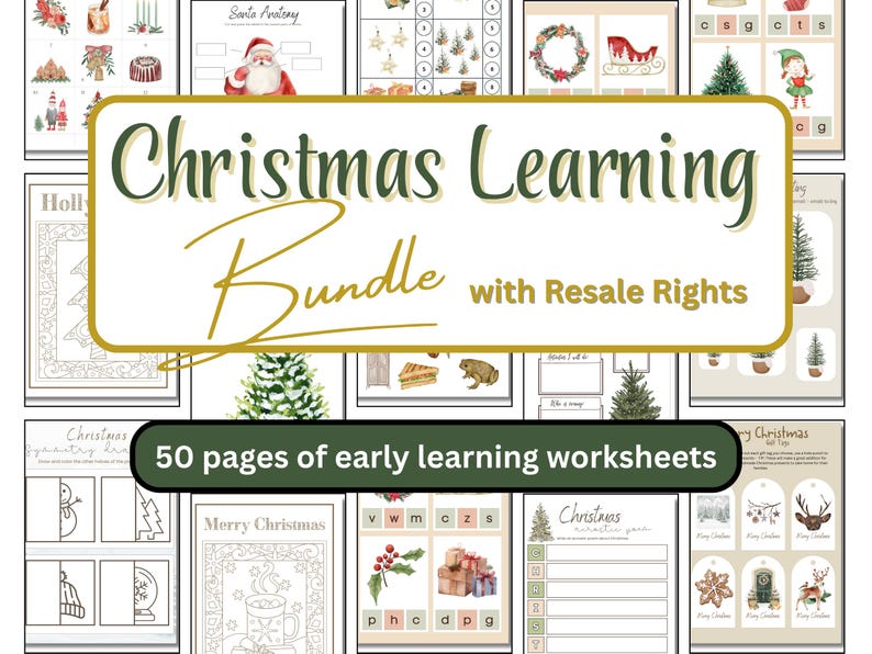 May include: A bundle of Christmas-themed early learning worksheets. The image shows various pages with illustrations of Santa, Christmas trees, and other festive elements. The title "Christmas Learning Bundle" is displayed, along with the text "50 pages of early learning worksheets."