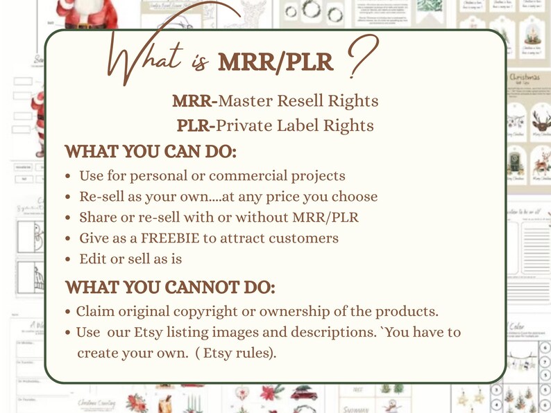 May include: A cream-coloured digital information sheet titled "What is MRR/PLR?". It explains Master Resell Rights and Private Label Rights, detailing permitted and prohibited uses of the products. Text is in a brown font.