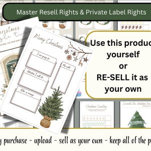 May include: Printable Christmas activity sheets featuring a puzzle, planning templates, and festive designs. The image includes text stating "Master Resell Rights & Private Label Rights" and "Use this product yourself or RE-SELL it as your own."