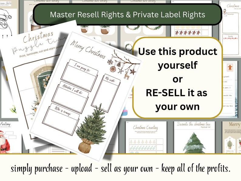 May include: Printable Christmas activity sheets featuring a puzzle, planning templates, and festive designs. The image includes text stating "Master Resell Rights & Private Label Rights" and "Use this product yourself or RE-SELL it as your own."