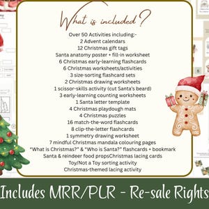May include: A digital Christmas activity pack with over 50 activities, including advent calendars, gift tags, flashcards, worksheets, puzzles, and lacing cards. The image features a gingerbread man, Christmas tree, and Santa Claus illustrations.
