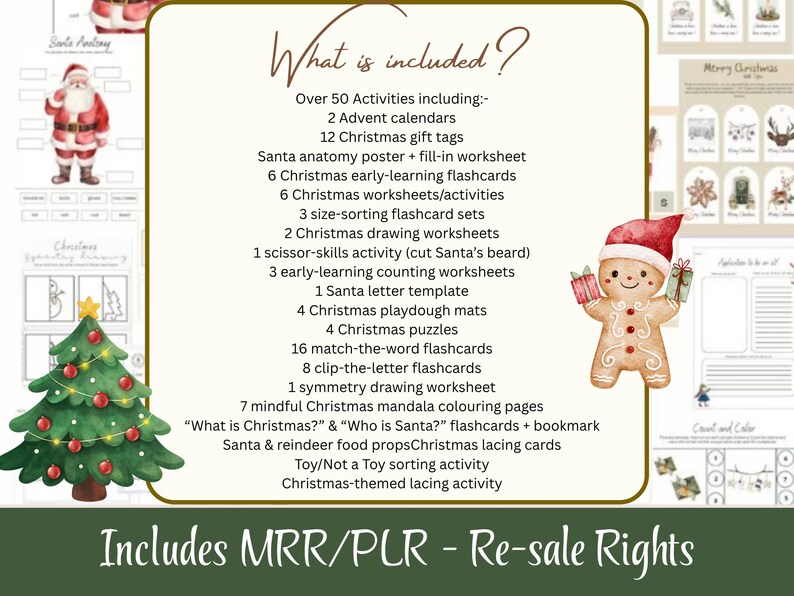 May include: A digital Christmas activity pack with over 50 activities, including advent calendars, gift tags, flashcards, worksheets, puzzles, and lacing cards. The image features a gingerbread man, Christmas tree, and Santa Claus illustrations.
