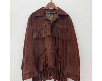 Vintage suède jack met franje: handgemaakte leren jas in western-cowboystijl - België Vintage suède jack met franje: handgemaakte leren jas in western-cowboystijl - België