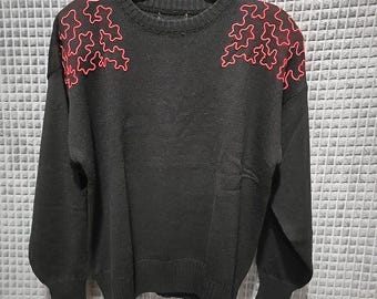 VTG 80s Black Art Sweater SzXL Shoulder Pads Abstract Red Goth Punk Rock Witchy