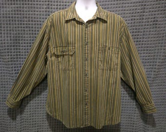 VTG Long Sleeve Button Shirt Mens Lg Green Stripe 90s Y2K Collar Western Cowboy