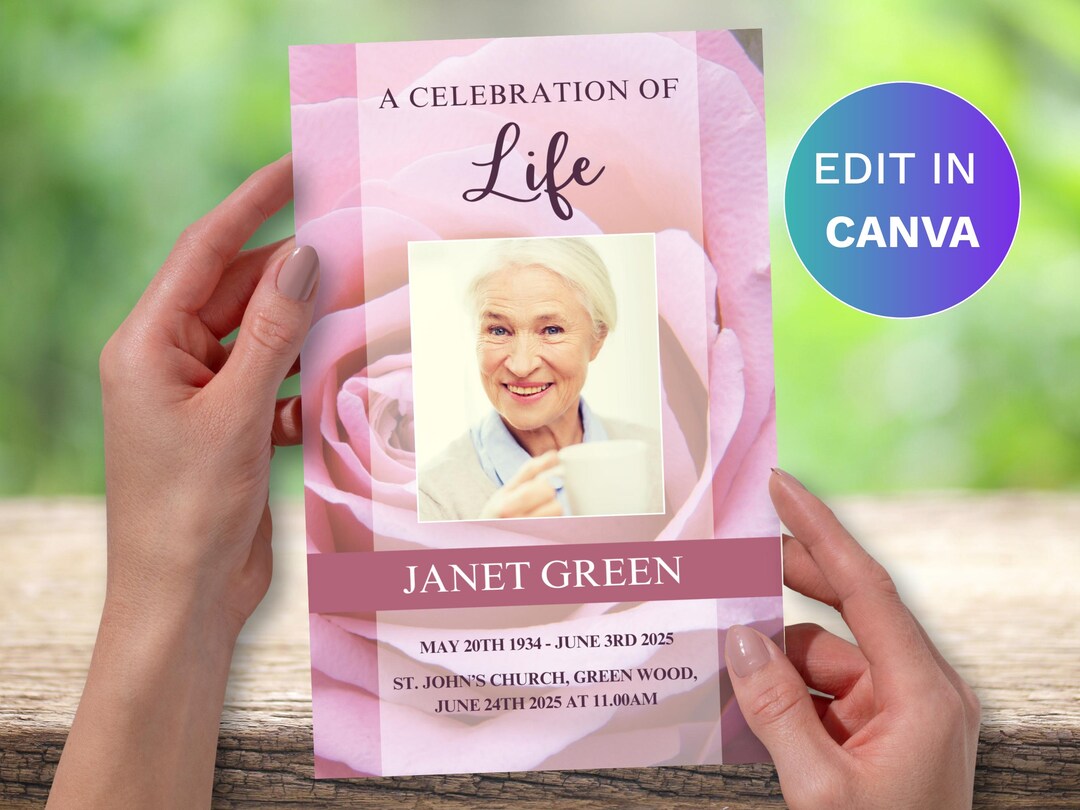 Editable Funeral Program Template – Celebration of Life (canva Editable ...