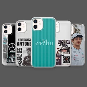 May include: A collection of iPhone cases featuring racing themes. Designs include a teal striped case with "Kimi Antonelli" text, a black case with a racing logo, and cases with racing imagery and text. The cases are clear and protective.