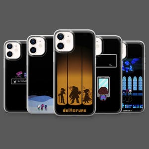 May include: A collection of five phone cases with black backgrounds and various pixel art designs. One case features the word "deltarune" in yellow. Other cases display characters and scenes from video games.
