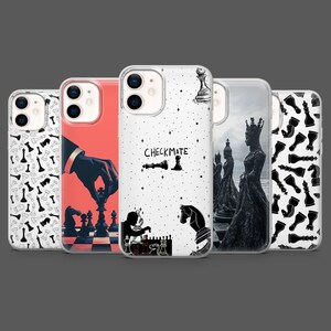 May include: Five phone cases with chess-themed designs. The cases display chess pieces, a hand moving a piece, and the word "CHECKMATE". The colour scheme includes black, white, and red.