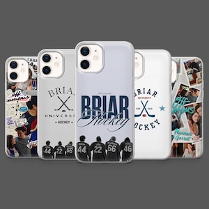 May include: A collection of iPhone cases with various designs. One case features the text "Briar Hockey" in navy blue and a script font. Other cases display hockey-related graphics and team member numbers.
