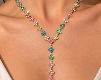 Collier princesse Y  multicolore arc-en-ciel . Collier trèfles Y doré ou argenté acier inoxydable  | Bjou femme - Idée cadeau