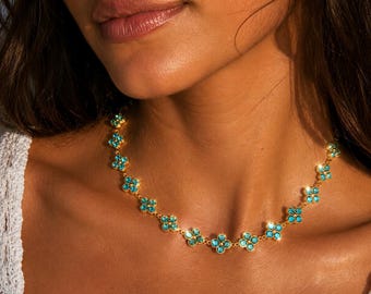 Collier trèfles turquoise scintillant . Collier princesse acier inoxydable | Bijou femme - Idée cadeau