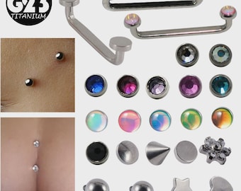 Piercing dérmico de superficie con anclaje de titanio macizo F136 de 14G con rosca interna, poste de 12 mm y 14 mm, parte superior de circonita cúbica en forma de estrella, corazón y cono.