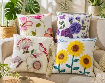 Embroidered Floral Pillow Cover, Cotton Linen Cushion Case, Botanical Boho Decor