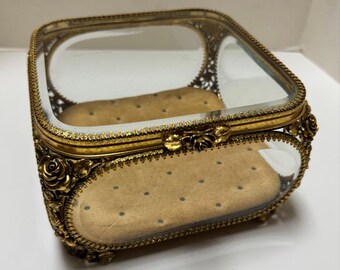 Vintage Hollywood Regency Gold and Glass Jewelry Casket or Coffin Box Elegant