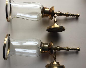 Vintage Pair of Brass Single Arm Candle Wall Sconces w/Glass Shades and Rings