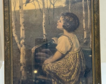 Lithographie vintage encadrée « Spring Song » par Simon Glucklich, Girl and Robin