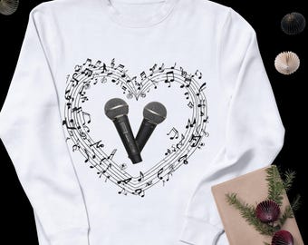 Moletom com estampa de microfone e notas musicais em formato de coração | Moletom para amantes da música e do canto