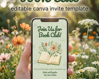 Floral Book Club Invitation Template, Editable Canva Invite, Printable Book Club Meeting Invitation, Reading Group Party Invite
