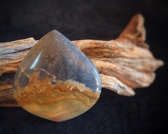 Blue Dream Jasper Designer Cabochon, Arabesque Teardrop Shape, Blue & Gold Picture Jasper, Silversmithing Materials, Semiprecious Gemstone