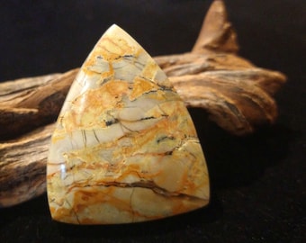 May include: A triangular shaped cabochon of polished agate with a white, orange, and brown marbled pattern.