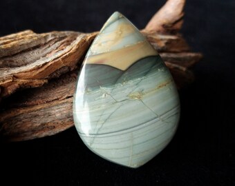 Blue Mountain Jasper Designer Cabochon, Arabesque Teardrop Shape, Orbicular Patterns, Green & Gold Semiprecious Gemstone, Silversmithing