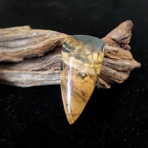 May include: A polished, teardrop-shaped gemstone with a mix of colors, including brown, yellow, and hints of purple. The stone has a glossy finish and is set against a piece of weathered wood.