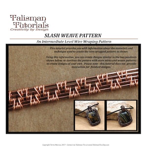 以下が含まれることがあります： スラッシュ織りパターンを使用したワイヤーラップペンダントの作り方のチュートリアル。チュートリアルには、ワイヤー織りパターンのクローズアップと、完成したペンダントの2つの例が含まれています。ペンダントは銅線で作られており、濃い茶色の石が特徴です。