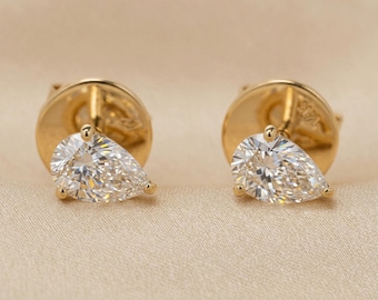 Elongated Pear Cut Diamond Stud Earrings, Lab Grown, 14K Solid Gold, Dainty Fine Jewelry, IGI Certified, Anniversary Gift for Her