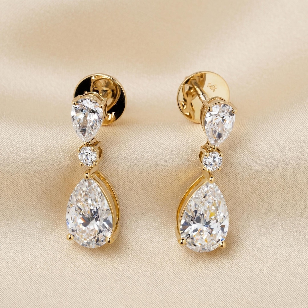 14K Solid Gold Drop Earrings, Pear & Round Lab Grown Diamonds, IGI ...